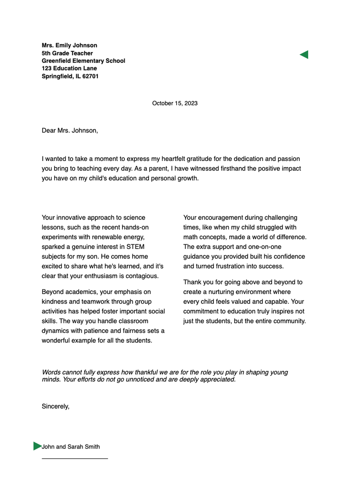 Gratitude letter from student to teacher template with green accents_variant_3